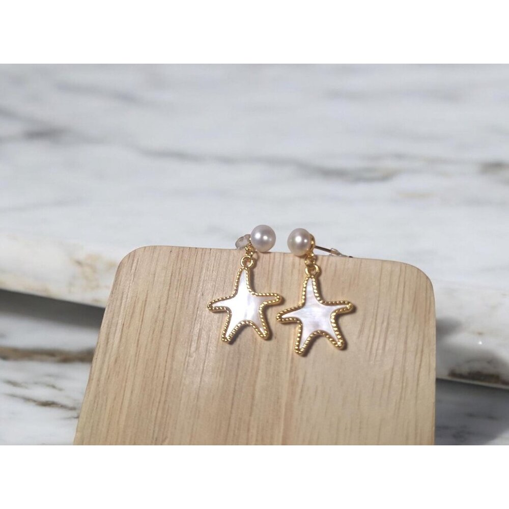 Mother of Pearl Starfish Stud Earrings, 14K Gold Plated  Pearl Cute White Rabbit - Picture 10 of 10